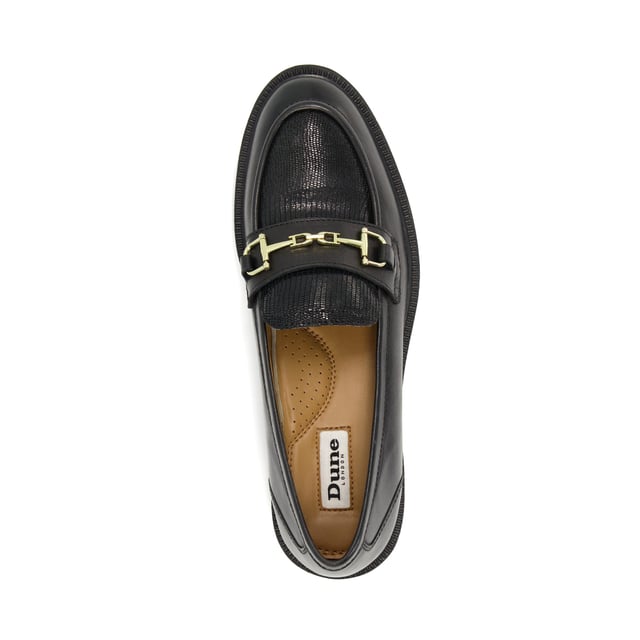 Dune Ladies GRID Leather Monogram-Snaffle Trim Loafers GRID This season's It style has been reworked with our covetable Grid loafers. These flats have been crafted in-house with smooth, premium leather and are designed with the clean silhouette that we all know and love. But this time, the metal-snaffle trim is accented with our bespoke Dune London monogram, making this the ideal way to update any woman's smart-casual shoe collection.