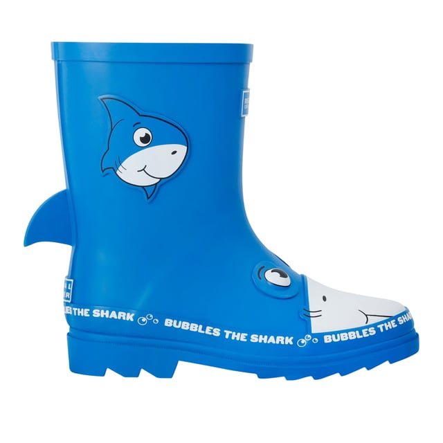 Upper: Vulcanised Rubber. Insole: TECFOAM. Outsole: Angled Lugs, Rubber. Rubber Mudguard. Fabric Technology: Waterproof. Flat Heel. Cut: Mid Cut. Design: 3D Fins, Bubbles, Logo, Shark, Text. Toe Style: Round. Fastening: Slip-In.