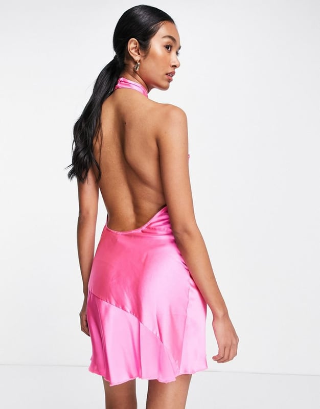 ASOS DESIGN satin mini dress with rouleaux loop detail in bright pink