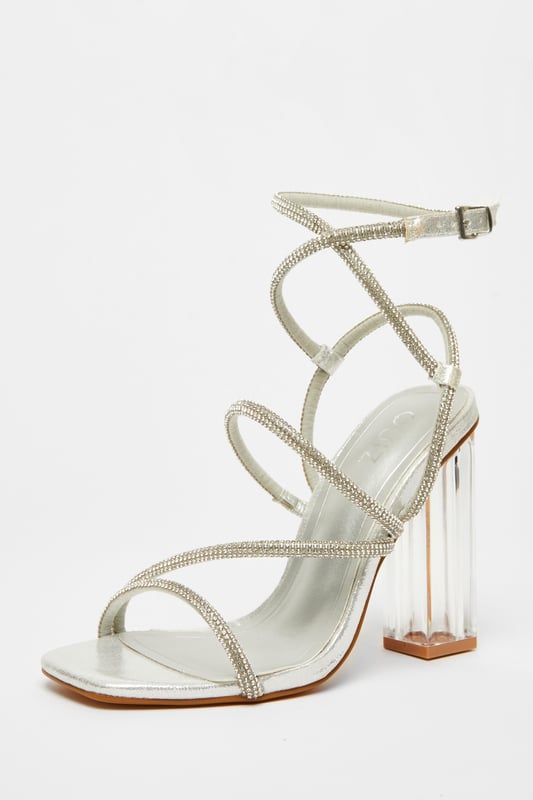 Strap Sandal Diamante Clear Block Heels Paytoni Silver Mirror