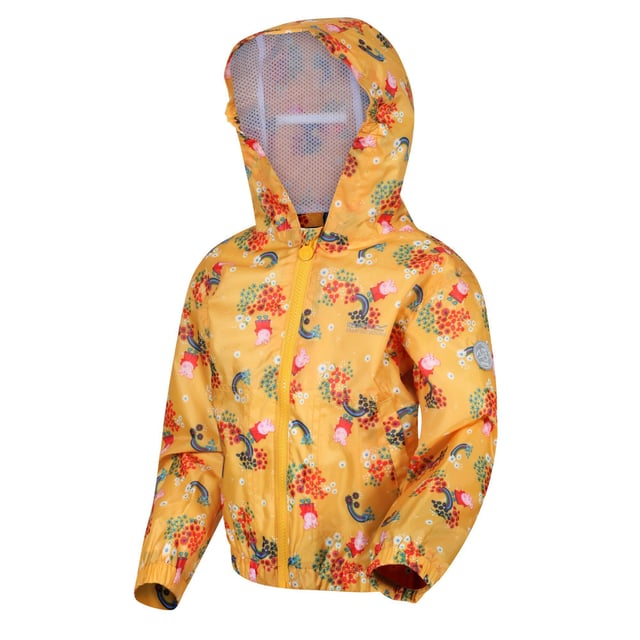 Material: 100% Polyester. Fabric: Hydrafort. Lining: Mesh, Polyester, Taffeta. Design: Badge, Cartoon, Crest, Floral. Trim: Reflective. All-Over Print, Lined, Printed Name label, Taped Seam. Fabric Technology: DWR Finish, Waterproof. Cuff: Elasticated. Neckline: Hooded. Sleeve-Type: Long-Sleeved. Hood Features: Elasticated, Grown On Hood. Length: Hip Length. Pockets: 2 Lower Pockets. Fastening: Full Zip. Hem: Elasticated. 100% Officially Licensed. Characters: Peppa Pig.