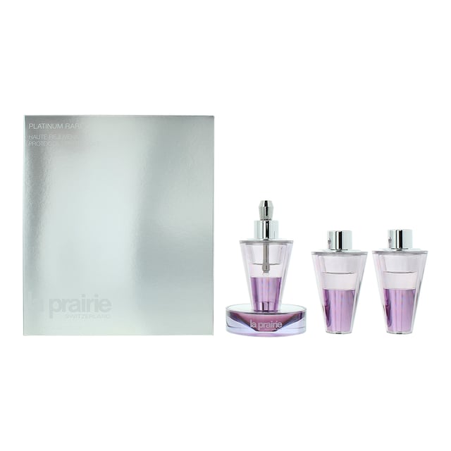 The La Prairie Platinum Rare Haute-Rejuvenation range is a luxury skincare collection designed to deliver unparalleled anti-aging results and a rejuvenated, radiant complexion. Powered by the brand's innovative Platinum Complex, these products work to protect skin from environmental stressors, enhance skin regeneration, and restore a youthful glow. Each product in the line is meticulously crafted with cutting-edge science and the finest ingredients to address signs of aging, such as fine lines, wrinkles, and sagging. The range includes highly potent serums, creams, and masks that target skin’s natural resilience and radiance, providing a lavish, transformative experience. The Platinum Rare line epitomizes ultimate skincare luxury, offering a sophisticated solution for those seeking timeless beauty and revitalized skin. This three piece set is an ultimate gift for yourself or others.