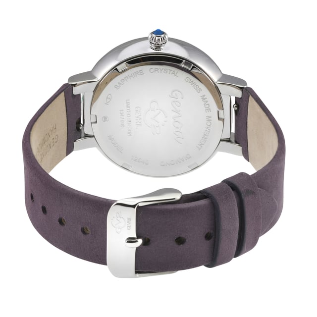 GV2 12540 Women's Genoa Watch

GV2 Women's Swiss Watch from the Genoa Collection
37mm 316L Stainless Steel Case, Diamond Cut bezel
White MOP Dial, Moon Phase -Date at 6.00
Push Pull crown with Blue Cabochon Stone
Genuine Italian Black Plum Suede Leather Strap with Tang Buckle
Anti-reflective Sapphire Crystal
Water Resistant to 50 Meters/5ATM
Swiss Quartz Movement Ronda Moon Phase 708