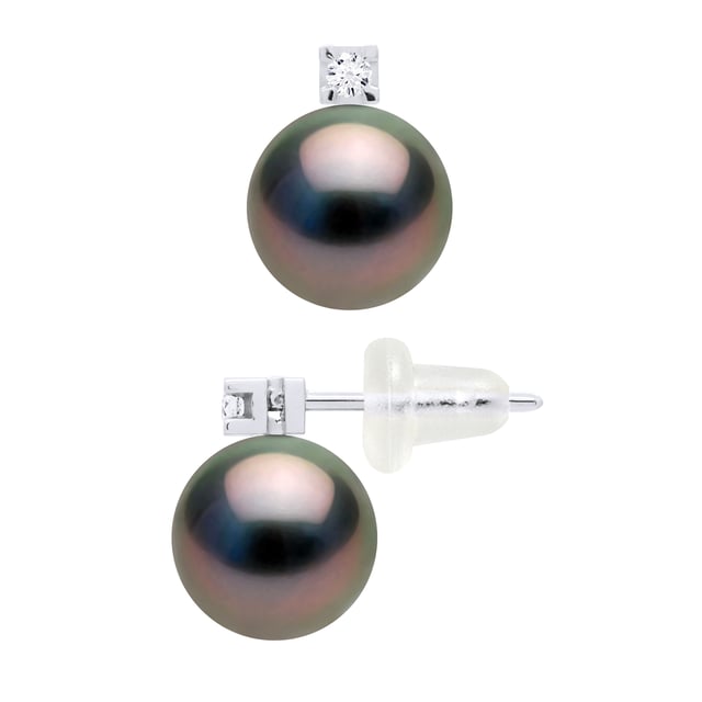 Oorbellen LUXE - Diamonds 0,04 Cts - White Gold 750 duizendste - Gekweekte parels uit Tahiti Round 8-9 mm - Siliconen kinderwagens systeem - Wordt geleverd in een koffer met een certificaat van echtheid en een internationaal Garantie - Al onze sieraden worden vervaardigd in Frankrijk.