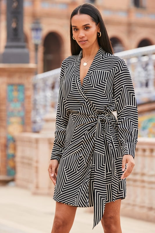 Geometric print wrap dress deals