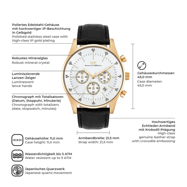 Chronographs are watches with format, they combine sporty, elegant design with precise functionality. This copy from the Rhodenwald & Sons clock manufacturer inspires watch lovers of all ages: a scratch-resistant IP-Goldeted stainless steel housing with screwed floor, a dial with sunscape and a leather bracelet with a crocodile embossing combine into a masculine clock that looks as good as a suit as For a casual leisure look. The dial is clearly designed and is limited to Strichindices, Minuterie, date display and three totalists in classic tricompax arrangement.