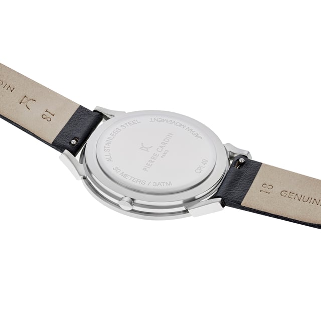 This Pierre Cardin Pigalle Half Moon Analogue Watch for Unisex is the perfect timepiece to wear or to gift. It's Silver 40 mm Round case combined with the comfortable Black Leather watch band will ensure you enjoy this stunning timepiece without any compromise. Operated by a high quality Quartz movement and water resistant to 3 bars, your watch will keep ticking. This casual and modern watch is perfect for all kind of casual activities, indoor activities or daily use, it's also a great gift for family and friend. High quality 21 cm length and  18 mm width Black Leather strap with a Buckle Case diameter: 40 mm,case thickness: 6.55 mm, case colour: Silver and dial colour: Black