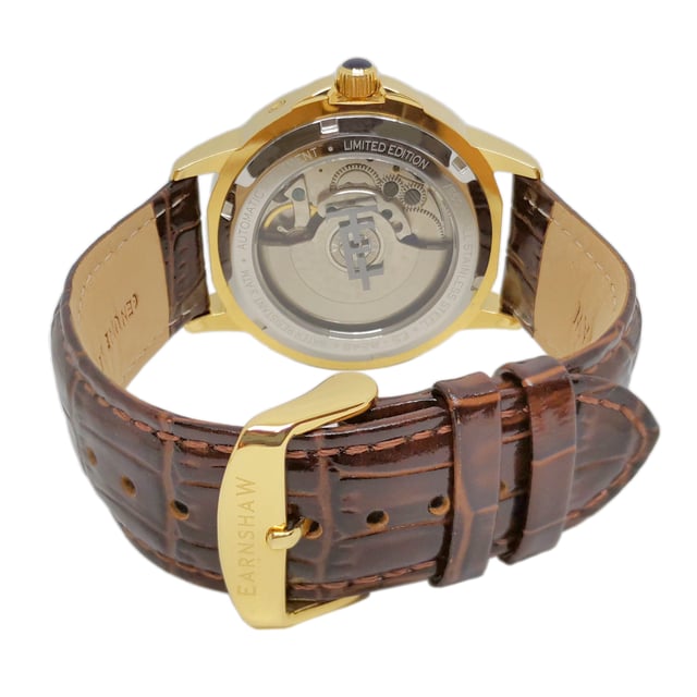 Collection: Alfred Waterhouse Grand Date Moon Phase 
Model: Es-8245-04
Movement: Automatic 
Case Material: Stainless Steel
Case Diameter (mm): 42
Case Thickness (mm): 14.5
Case Shape: Round
Case Color: Gold
Dial Color: Gold
Band: Genuine Leather Strap
Band Color: Brown
Buckle: Strap Buckle
Band Width (mm): 22
Water Resistance: 3 Atm
Watch Weight (g): 140
Warranty: 2 Years International Warranty