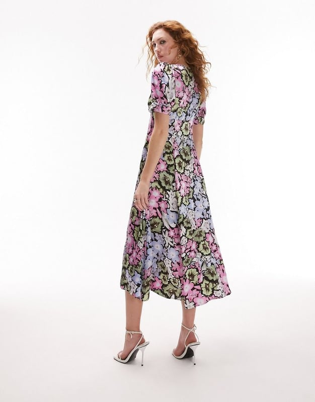 button down floral printed midi dress in multi