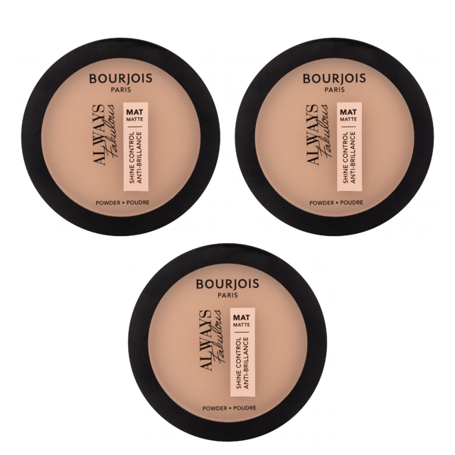 Do you always notice shiny areas when checking your makeup in the mirror? That can be fixed. Bourjois Always Fabulous compact powder foundation absorbs the excess sebum that causes unwanted shine, plus it keeps your skin naturally mattified all day long. It goes on easily and sets any makeup you have already applied. This is a pack of 3.