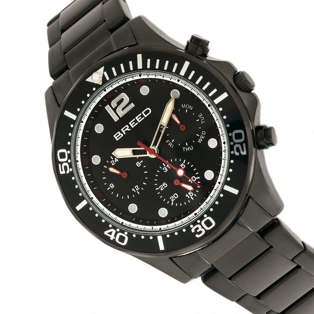 Brushed Alloy Case; Precision Japanese Quartz Movement; Non-Glare Scratch-Resistant Mineral Crystal; Logo-Engraved Stainless Steel Caseback; Polished Alloy Bracelet; Logo-Engraved Stainless Steel Fold-Over Push-Button Deployment Clasp; Luminous Hands; Luminous Markers; Day Sub-Dial; Date Sub-Dial; 24-Hour Sub-Dial; 46mm Case Diameter; 5ATM Water Resistance;