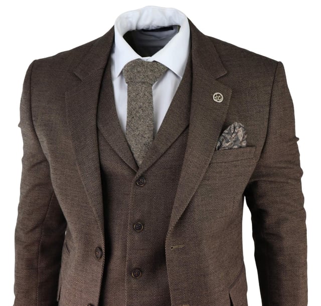Mens Brown Piece Tweed Herringbone Suit Peaky Blinders Classic