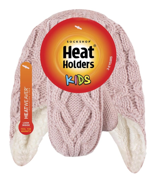 Introducing these cable cosy knitted-like design on hats and mittens for girls! For a much warmer and cosy feel, these Heat Holders matching set of hats and mittens include Heatweaver® insulation which is a plush fur-like thermal lining that maximizes the amount of warm air held close to the skin. Heat Holders use a specially developed thermal yarn provides high performance insulation against cold with superior moisture breathing abilities. Their stretchable construction contours around the natural shape of your body for improved fit, warmth and comfort. These hats feature an adorable pom pom detail on the top of the hat, and the end of the long ear flaps, further providing more warmth and comfort to your child's head. The mittens feature a cosy turn over cuff which enables you to adjust the cuff at the wrists. The cable knit design offers a Winter look which will complete any Winter ensemble! Whether you're looking to keep your daughter warm or look stylish, these cute hat and mittens will do just the job this Winter! Let your child play in snow whilst staying warm in these super soft winter collection. Stock up for the cold season with these lovely Heat Holders warm and mittens for your child. These hat and mittens come in 4 different colours of Frost Grey, Buttercream, Dusty Blue, and Dusky Pink. They are available in ages 3-6 years.