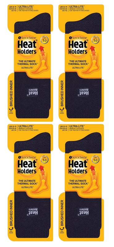 Heat Holders Ultra Lite - Mens 4 Pack Thermal SocksHalten Sie die Füße warm an den kältesten Tagen und ziehen Sie dieses Paar Heat Holders Ultra Lite Thermal Socks an. Jetzt im 4er-Pack! Heat Holders Ultra Lite ist wie die Lite-Version, aber noch weniger klobig. Sie eignen sich perfekt für enger sitzende Schuhe, d.h. sie sind großartige Socken für die Wintermonate, passen in jede Art von Schuh und bieten die von Heat Holders bekannte Wärme.Heat Holders Socken bieten Ihnen intensiven Komfort und Wärme. Unser speziell entwickeltes Thermogarn sorgt für eine leistungsstarke Isolierung gegen Kälte und eine hervorragende Feuchtigkeitsableitung.Die innovative Stricktechnologie erzeugt unseren einzigartigen, extra langen, geschlungenen Polsterflor, der mehr warme Luft einschließt. Unser fachmännischer Heat Holders-Bürstungsprozess maximiert die Menge an warmer Luft, die in jeder Socke gehalten wird, und sorgt so für absolute Wärme und ganztägigen Komfort. 1,0 tog bedeutet, dass Ihre Füße und Beine selbst bei extrem kalten Wintertemperaturen dreimal wärmer sind als bei herkömmlichen Baumwollsocken. Diese Socken sind nicht nur super weich und warm, sondern auch sehr nützlich, wenn Sie sich längere Zeit im Freien aufhalten.Wenn Sie Schwierigkeiten haben, Ihre dicken Original Heat Holders in Ihre Stiefel oder Schuhe zu bekommen, dann haben wir hier die Lösung für Sie! Diese Ultra Lite Socken sind dünn genug, um in Ihre Alltagsschuhe zu passen, aber dick genug, damit die Wärmeisolierungstechniken der Heat Holders weiterhin funktionieren. Egal, ob Sie sich zu Hause entspannen, draußen arbeiten oder winterliche Outdoor-Aktivitäten genießen, diese Thermosocken sind die ideale Ergänzung für Ihre Sockenschublade. Diese Socken werden im 4er-Pack geliefert, sind in den Größen 6-11 UK erhältlich und bestehen aus 89% Acryl, 10% Polyamid, 1% Elastan. Sie sind in den Farben Schwarz, Anthrazit und Navy erhältlich und können in der Maschine gewaschen werden.Extra ProduktdetailsWärmesocke Ultra Lite SocksSpeziell entwickeltes GarnDünner als die OriginalsockeThermobürste1,0 Tog RatingDick und warm3X wärmer als BaumwollsockenHerrengröße: 6-113 FarboptionenMaschinenwaschbar
