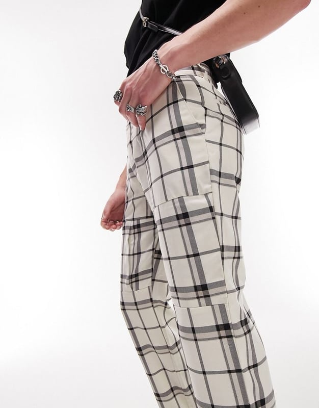 Topman tapered large checked trousers in off white Neutral