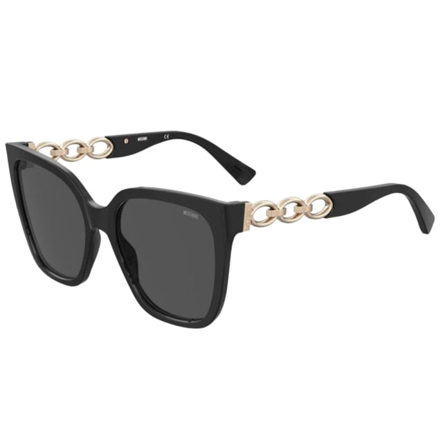 Moschino MOS098/S 0807 IR Black Sunglasses. Moschino Black Sunglasses. Be cool and stylish in Moschino sunglasses. Not only are they sleek and fashionable, they offer excellent sun protection that is both comfortable and sophisticated. Get ready to rock the season in style!. Lens Width = 55mm, Nose Bridge Width = 18mm, Arm Length = 140mm, Made In China. Moschino Black MOS098 0807  Sunglasses. Sunglasses, Sunglasses Case, Cleaning Cloth and Care Instructions all Included, 100% Protection Against UVA & UVB Sunlight and Conform to British Standard EN 1836:2005. Style Code: MOS098/S 0807 IR