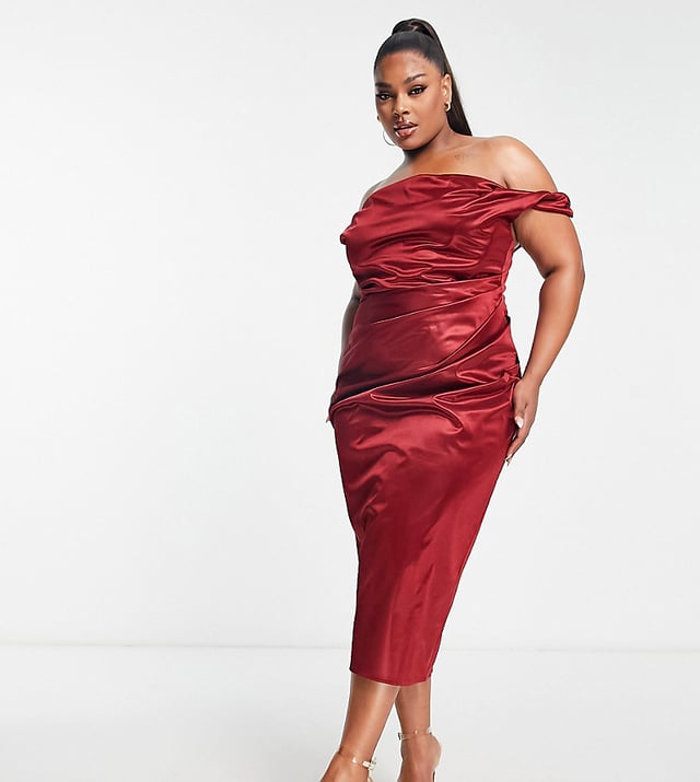 Red satin bardot sales dress
