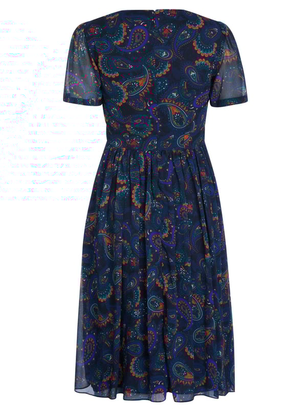 100% poliéster; vestido de Tommy Hilfiger; Modelo: WW0WW26017 0G3; Mano de obra de alta calidad; Abrazar la figura; Cuello redondo, manga corta; cremallera trasera; volantes al frente; Falda fluida, largo medio; Detalles del logo de Tommy Hilfiger