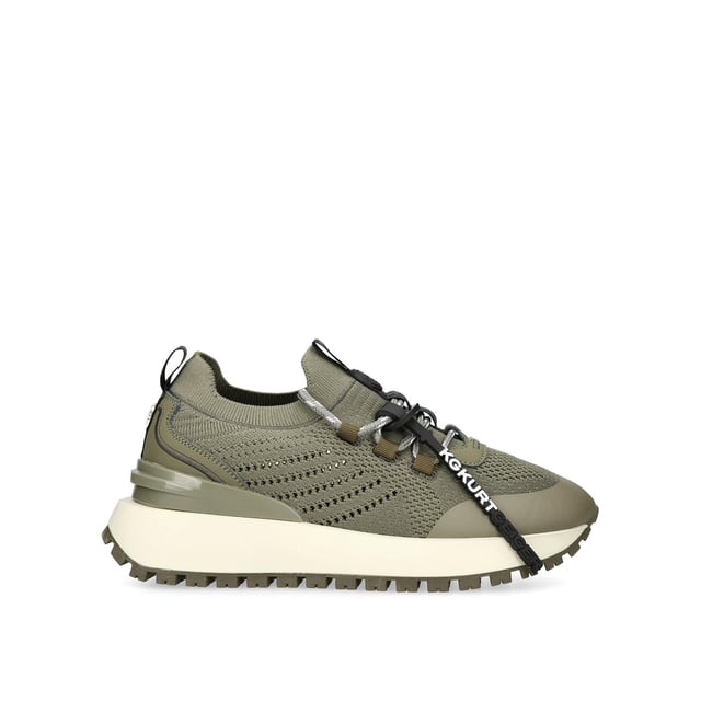 The KG Kurt Geiger Lux is a knitted style sneaker in khaki. The tubular style laces tie at the front whilst there are black branded tabs at the front and back of the ankle.