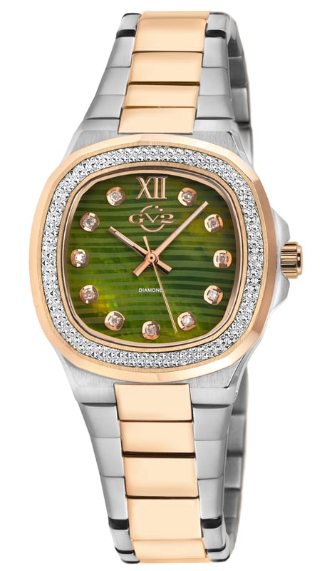 – meaning strong, powerful, solid – is a collection not for the faint of heart. With an allure that radiates the kind of power only a true lady can handle, Potente exudes undeniable strength and a divinely feminine touch.
Designed to capture the eye and command any room, the Potente Collection features an elegant mother of pearl pin cushioned textured dial surrounded by 18 brilliant diamonds, because out of great pressure
comes unmistakable beauty. The pin cushioned case and diamond cut bezel, each crafted with exemplary care, perfectly offset the classic bracelet with deployment buckle marrying ladylike and steel. With the
dynamism and stability of Swiss quartz movement, this watch is a tour de force.
The Potente Lady Collection is an unwavering masterpiece to behold. Don’t settle for anything less. Get noticed, be bold – Potente.
GV2 18207B Women's Potente Lady Swiss Diamond Watch
GV2 Women's Swiss Watch from the Potente Lady Collection
33mm 316L Stainless Steel/IPRG Pin Cushioned Case, Diamond cut Bezel
Green MOP Pin Cushioned textured dial with 18 Diamonds
Push/Pull Crown
Two-Toned SS/IP Rose Gold Bracelet with Deployment Buckle
Anti-reflective Sapphire Crystal
Water Resistant to 50 Meters/5ATM
Swiss Quartz Movement Ronda 763
