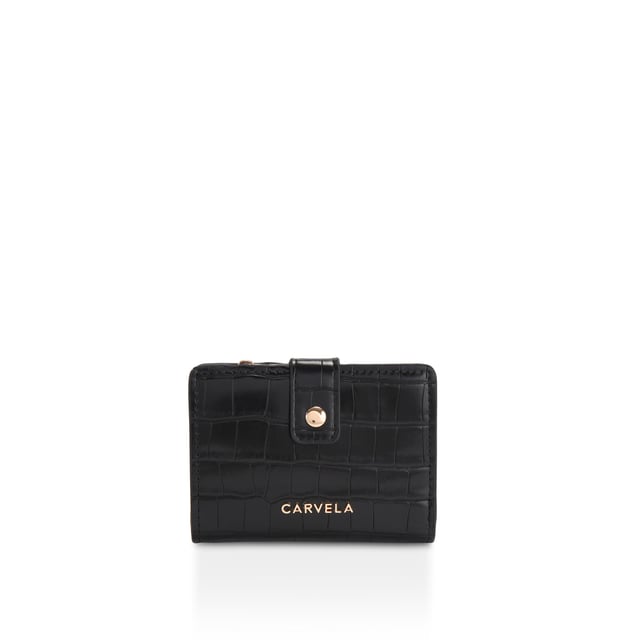 The Carvela Mandy Purse features a black croc embossed exterior. There is a gold tone Carvela branding on the front and pop closure. Can fit classic credit cards. Dimensions: 9cm (H), 12cm (L), 3cm (D).