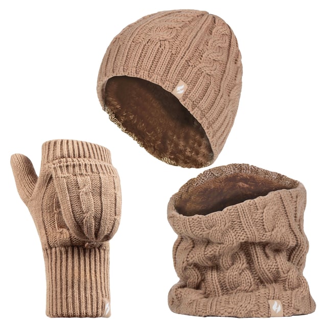This ladies chunky cable set is knitted in an attractive, soft marl two-coloured twist yarn with a ribbed hem and incorporates the latest Heatweaver thermal lining, a luxurious, plush fur-like insulating fabric, that maximises the amount of warm air held close to the skin. It also feels so soft and silky, They are bliss to pull on when the weather turns colder! Protective Cuff - Improves fit and provides a protective sleeve that hugs the wrist for extra warmth and comfort. Heat Holders Converter Mitt - 2.3 tog Heat Holders' versatile converter mitt can simply fold over the fingers to create a warm and cosy mitten. Heat Holders Hat - 3.4 Tog rating - the tog rating is a measurement for the thermal ability of a garment Neck Warmer - Simply slip over the head with Heatweaver thermal lining, 3.5 tog