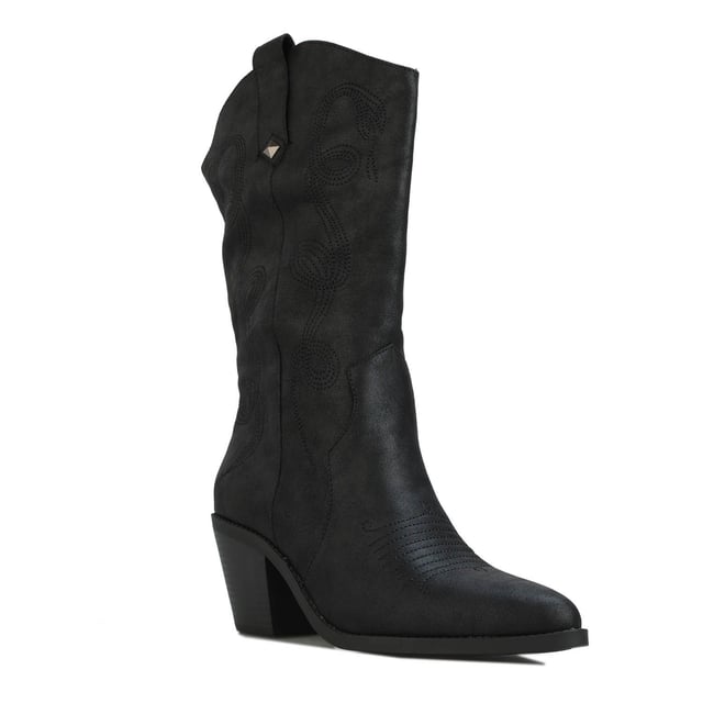 Botas feriare Rocket Dog negras para mujer, fabricadas en sintético y suela sintética. Características: estilo occidental, totalmente forrado, trabillas laterales decorativas, altura del tacón de 7 cm y plantilla de espuma afelpada.