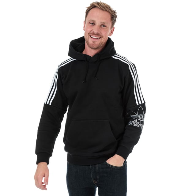 Mens adidas Originals Outline Hoody in black.<BR><BR>- Drawcord-adjustable hood.<BR>- Long sleeves.<BR>- Kangaroo style pocket to front.<BR>- Ribbed cuffs and hem.<BR>- Applied 3-Stripes at shoulders and upper sleeves.<BR>- Embroidered outline Trefoil logo at left sleeve.<BR>- Tonal back neck tape.<BR>- Relaxed fit.<BR>- Main material: 100% Polyester.  Rib: 95% Polyester  5% Elastane.  Machine washable.<BR>- Ref: DX3850