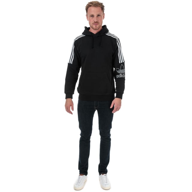 Mens adidas Originals Outline Hoody in black.<BR><BR>- Drawcord-adjustable hood.<BR>- Long sleeves.<BR>- Kangaroo style pocket to front.<BR>- Ribbed cuffs and hem.<BR>- Applied 3-Stripes at shoulders and upper sleeves.<BR>- Embroidered outline Trefoil logo at left sleeve.<BR>- Tonal back neck tape.<BR>- Relaxed fit.<BR>- Main material: 100% Polyester.  Rib: 95% Polyester  5% Elastane.  Machine washable.<BR>- Ref: DX3850