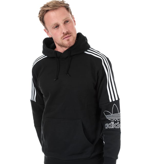 Mens adidas Originals Outline Hoody in black.<BR><BR>- Drawcord-adjustable hood.<BR>- Long sleeves.<BR>- Kangaroo style pocket to front.<BR>- Ribbed cuffs and hem.<BR>- Applied 3-Stripes at shoulders and upper sleeves.<BR>- Embroidered outline Trefoil logo at left sleeve.<BR>- Tonal back neck tape.<BR>- Relaxed fit.<BR>- Main material: 100% Polyester.  Rib: 95% Polyester  5% Elastane.  Machine washable.<BR>- Ref: DX3850