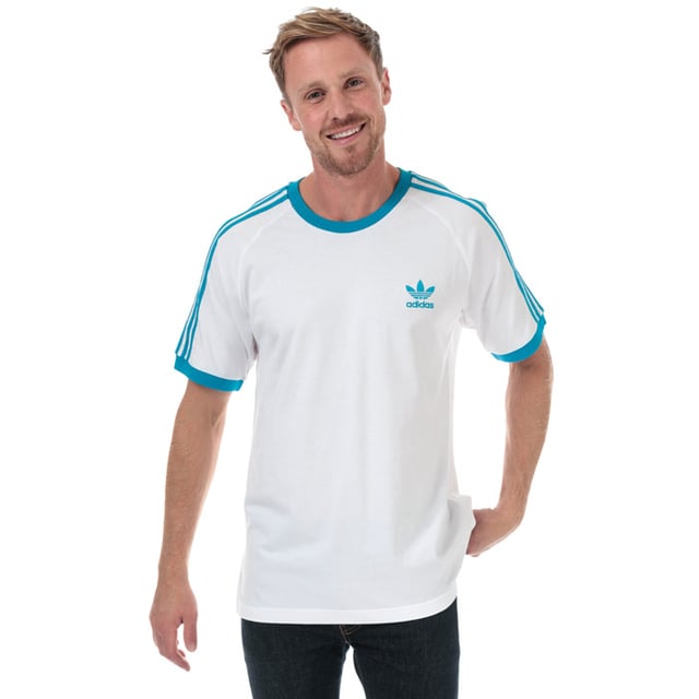 Mens adidas Originals 3-Stripes T-Shirt in white - shock cyan.<BR><BR>- Ribbed crew neck.<BR>- Short raglan sleeves with ribbed cuffs.<BR>- Applied 3-Stripes at shoulders and sleeves.<BR>- Embroidered Trefoil logo at left chest.<BR>- Tonal back neck tape.<BR>- Slim fit.<BR>- 100% Cotton.  Machine washable.<BR>- Ref: DZ4586