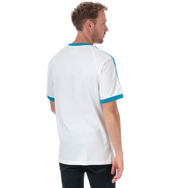 Mens adidas Originals 3-Stripes T-Shirt in white - shock cyan.<BR><BR>- Ribbed crew neck.<BR>- Short raglan sleeves with ribbed cuffs.<BR>- Applied 3-Stripes at shoulders and sleeves.<BR>- Embroidered Trefoil logo at left chest.<BR>- Tonal back neck tape.<BR>- Slim fit.<BR>- 100% Cotton.  Machine washable.<BR>- Ref: DZ4586