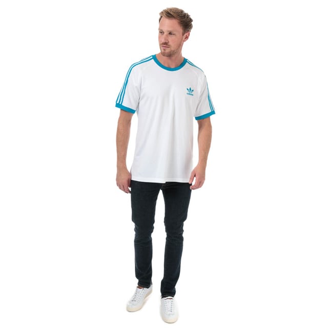 Mens adidas Originals 3-Stripes T-Shirt in white - shock cyan.<BR><BR>- Ribbed crew neck.<BR>- Short raglan sleeves with ribbed cuffs.<BR>- Applied 3-Stripes at shoulders and sleeves.<BR>- Embroidered Trefoil logo at left chest.<BR>- Tonal back neck tape.<BR>- Slim fit.<BR>- 100% Cotton.  Machine washable.<BR>- Ref: DZ4586