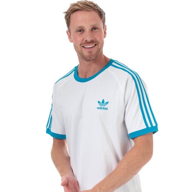 Mens adidas Originals 3-Stripes T-Shirt in white - shock cyan.<BR><BR>- Ribbed crew neck.<BR>- Short raglan sleeves with ribbed cuffs.<BR>- Applied 3-Stripes at shoulders and sleeves.<BR>- Embroidered Trefoil logo at left chest.<BR>- Tonal back neck tape.<BR>- Slim fit.<BR>- 100% Cotton.  Machine washable.<BR>- Ref: DZ4586