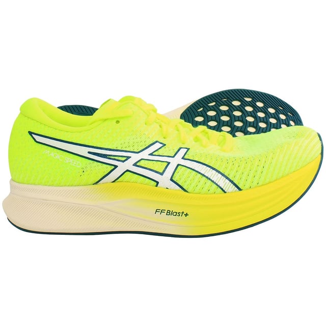 The Asics Magic Speed 2 Women's Yellow Trainers are likely designed for runners seeking a combination of performance, comfort, and style. Here are some features you might find in these trainers:

 Performance-Focused Design: Asics running shoes are typically designed with performance in mind, offering features to enhance running efficiency and comfort.

 Advanced Cushioning Technology: Expect the inclusion of Asics' signature cushioning technology, such as FlyteFoam or GEL cushioning, providing responsive and comfortable support during runs.

 Breathable Upper: The upper of the trainers likely incorporates breathable mesh material to promote airflow and keep the feet cool during runs.

 Lightweight Construction: Asics often emphasizes lightweight construction in their running shoes, allowing for a more agile and efficient running experience.

 Responsive Midsole: The midsole is likely designed to be responsive, providing energy return with each stride to enhance the overall running performance.

 Durable Outsole: The outsole is likely constructed for durability and traction, providing a reliable grip on various surfaces.
