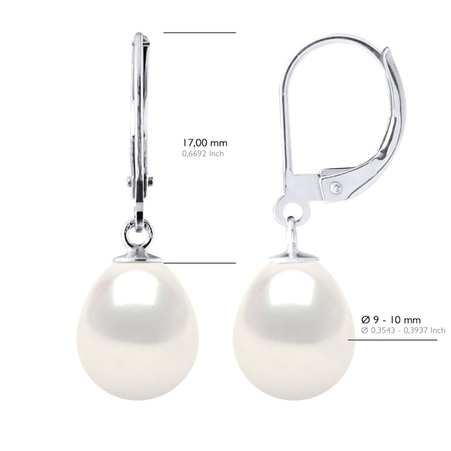 Earrings in White Gold 375 and Real Cultured Freshwater Pearls Pear 9-10 mm - COLOR NATURAL PEARL WHITE - Leverback Clasp - Delivered with Certificate of Authenticity and International Guarantee - MADE IN FRANCE