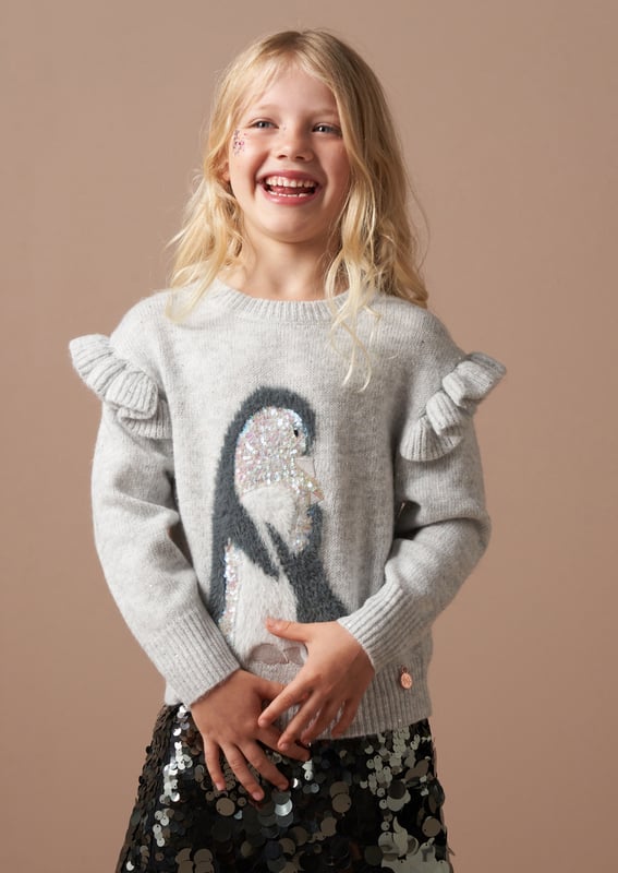 Waddle you do without this gorgeous penguin jumper? Super soft and snuggly yarn scattered with sequins and featuring the cutest penguin family. It's ppppp perfect!.