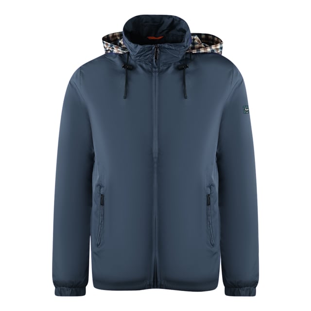 Aquascutum Plain Navy Blue Hide Hood Lightweight  Jacket. This Aquascutum Navy Blue Lightweight Jacket features Brand Hood, with the signature print. Its windbreaker fabric also provides excellent protection against the elements. Central Zip Closure, Zip Closure Pockets, Regular Fit. Branded Print On Inner Hood, Plain Jacket, Hooded Coat. Thin Coat, Pulls On The Hood, 100% Polyester. Style Code: JK007 11