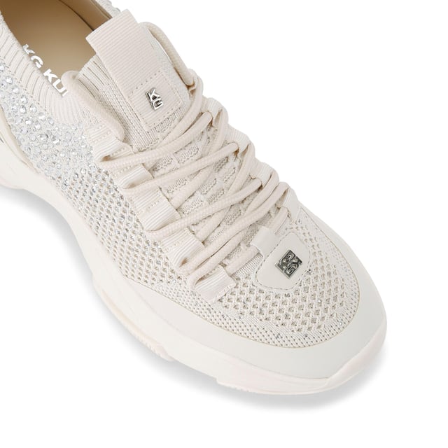This KG Kurt Geiger Lively Gem sneaker is a bone knitted sneaker which is embellished with silver crystals. There is gunmetal branding across the upper and embossed branding on the heel.