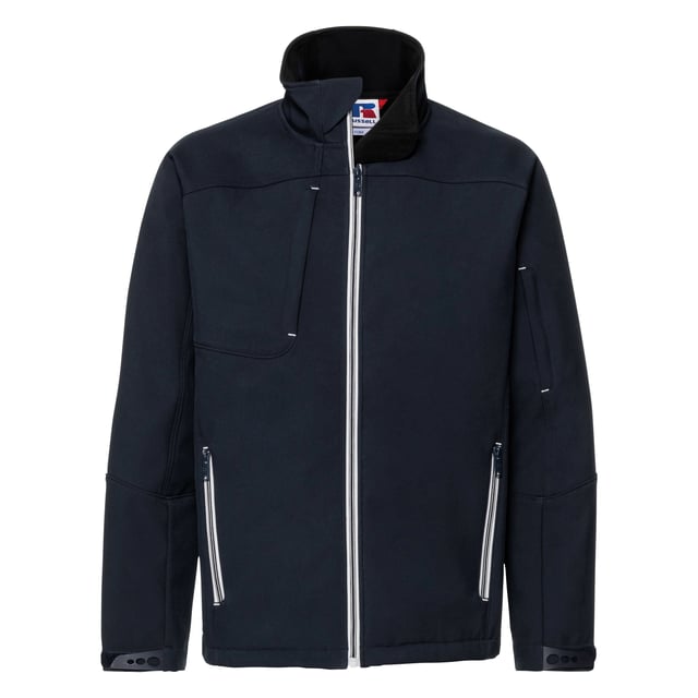 Softshell jacket with a timeless design. Highly water and wind resistant. Contemporary shaped fit. Contrasting zips and accents for a refined look. Covered zipped pockets: one at chest and one at sleeve. Protecting chin guard. Stand-up collar and inner storm flap to ward off wind and draught. Adjustable sleeve hems with injected cuff tabs and loop touch fastening. Materials: 94% Polyester, 6% Elastane.