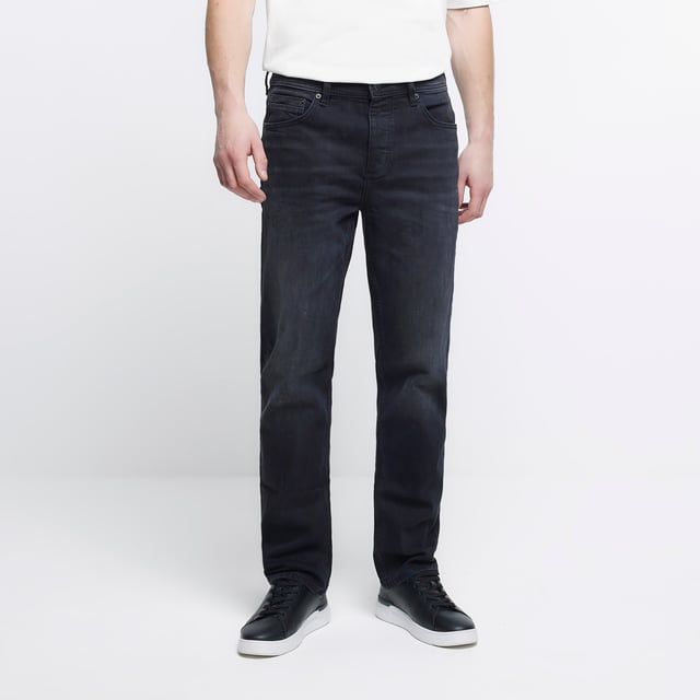 River Island Mens Straight Jeans Black Button Fly