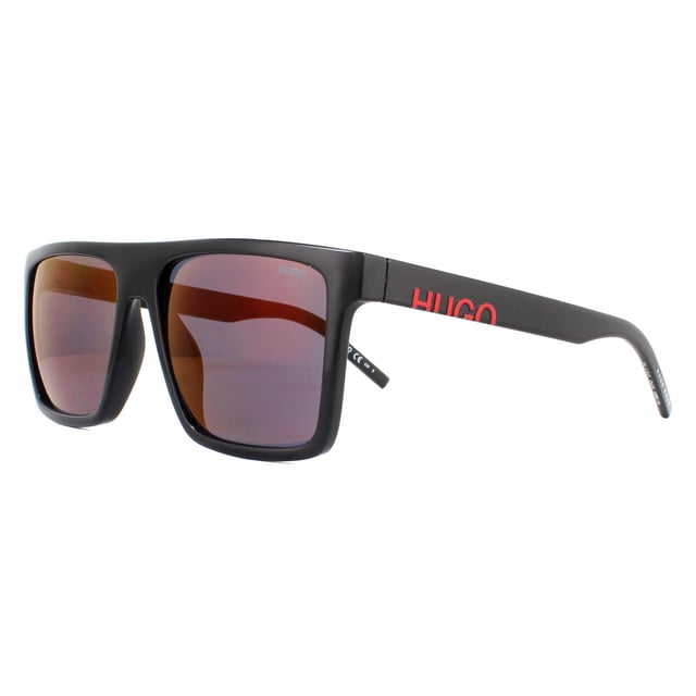 Hugo by Hugo Boss Sunglasses 1069/S 807 AO Black Red are a large square design made from lightweight acetate. The flat frame top creates a contemporary feel and the temples feature the Hugo logo..