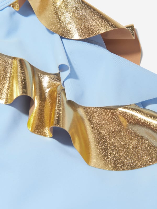 Nessi Byrd embody modern properties in their beautiful luxury resortwear. This girls Gina frill bikini set is reflective of the New York label's passion for vibrant aesthetics with an innovative twist. Crafted in a crisscross design with golden metallic ruffles reminiscent of Egyptian iconography.Elasticated 80% Polyamide 20% Elastane