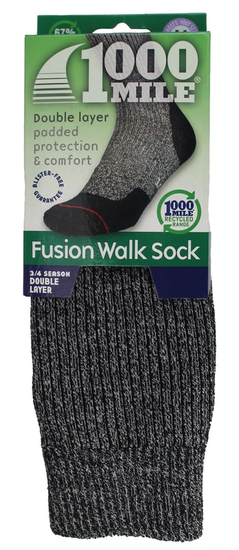 1000 Mile Women's Walking Socks Double LayerIntroducing the revolutionary 1000 Mile Fusion Walk Sock, defying conventional wisdom with its innovative design and advanced materials. This mid-calf length sock combines the best of both worlds, providing unmatched comfort, protection, and reduced friction.Say goodbye to the dilemma of choosing between padding or reduced friction. Our Fusion Walk Sock features a soft, durable outer layer and a moisture-wicking inner layer, delivering the blister-free guarantee of our double-layer socks. Enjoy padded comfort and protection, including full-length Achilles tendon padding.Designed for 3/4 season walking, our Fusion Walk Sock offers enhanced volume and warmth, ensuring your feet stay cozy and protected. To find the perfect fit, simply choose the same size sock as your foot size. For narrow fittings or sizes on the border, opt for a smaller size for a snug, wrinkle-free fit.Our Fusion Walk Sock is available in two sizes: Small (3-5.5 UK / EUR 36-38.5) and Medium (6-8.5 UK / EUR 39-42.5).Crafted with high-quality materials, the outer layer consists of 36% REPREVE® Nylon 6, 21% cotton, 12% acrylic, 11% wool, 18% polyamide, and 2% elastane. The inner layer is composed of 99% REPREVE® Nylon 6 and 1% elastane, ensuring durability and performance.For easy maintenance, machine wash the Fusion Walk Sock at 30 degrees. Avoid bleaching or tumble drying to preserve its quality. Embrace the ultimate fusion of comfort and performance with the 1000 Mile Fusion Walk Sock.Extra Product DetailsRevolutionary design defies conventional wisdom for unmatched comfort and protection.Enjoy the blister-free guarantee with soft outer and moisture-wicking inner layers.Full-length Achilles tendon padding for ultimate comfort and protection.Enhances volume and warmth for 3/4 season walking.Perfect fit by choosing the same size as your foot size.Crafted with high-quality materials for durability and performance.Easy maintenance with machine wash at 30 degrees.