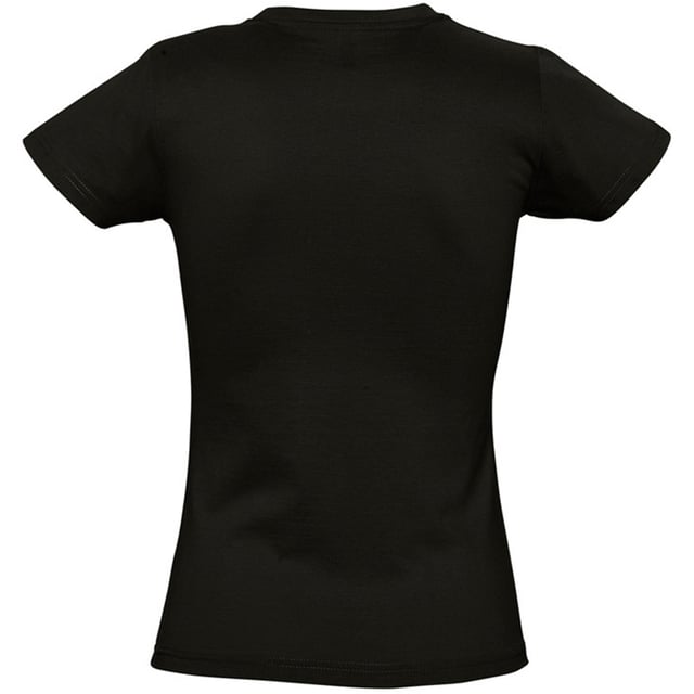 Getapete rughals. Ribbenhals. Zijnaden. Dubbele naaldmouwen en zoom. Gewicht van de stof: 190 g/m2. Materiaal: 100% ringgesponnen semi-gekamd katoen. Slank model. Damesmaat: S(8/10), M(10/12), L(12/14), XL(14/16), XXL(16/18).