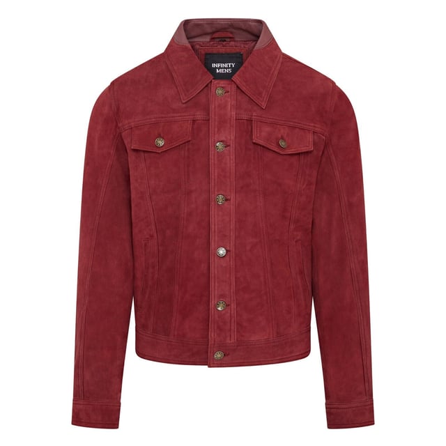 Introducing the Men's Trucker Casual Goat Suede Leather Shirt Jeans Jacket. This stylish, denim-inspired shirt is reimagined in the softest goat suede leather, offering a luxurious feel with a nod to 70's Americana. The slim-fit design makes a bold style statement, while the press button fastening, adjustable waistband, and cuffs add comfort and versatility. Perfect for pairing with your favorite jeans and boots, this retro jacket combines classic and contemporary effortlessly.

Slim fit for a modern silhouette
Press button fastening for easy wear
Adjustable waistband and cuffs for customized comfort
Soft goat suede leather for a luxurious feel
Inspired by 70's Americana for a timeless style