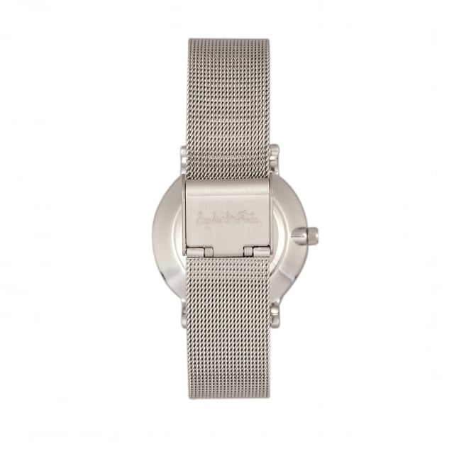 Polished Alloy Case ; Precision Japanese Quartz Movement ; Non-Glare Scratch-Resistant Mineral Crystal ; 12 Swarovski Crystal Markers on Dial; Logo-Engraved Stainless Steel Caseback ; Mesh Alloy Bracelet; Box with Tongue and Safety Clasp; 32mm Case Diameter ; 3 ATM Water Resistance;
