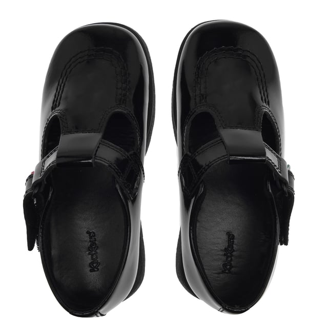 Infant Girls Kickers Fragma T-Bar Patent Shoes in Black- Hook and loop strap fastening- Shiny patent leather upper- Classic triple stitch detail- Iconic red and green logo tabs- Ridged rubber sole for traction and durability- Embossed branding to side- Leather Upper  Textile Lining  Synthetic Sole- Ref: 115178