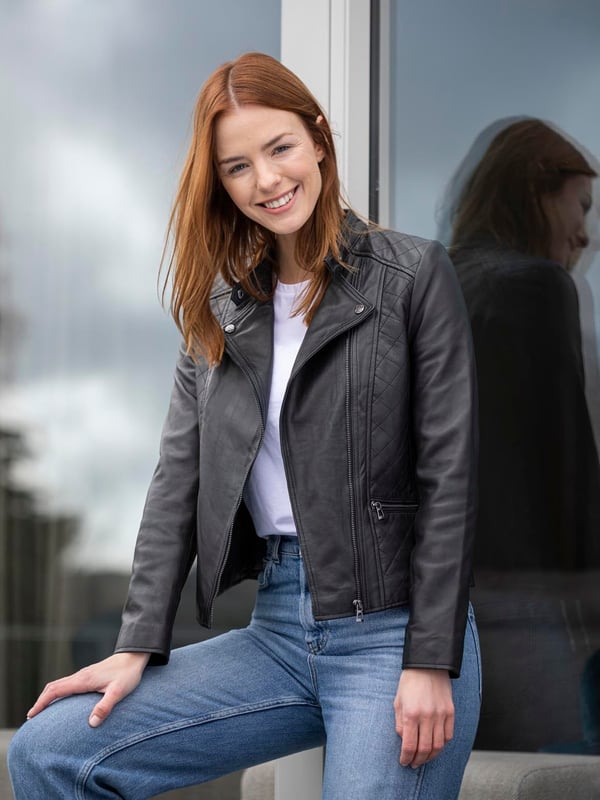 We take a traditional black leather biker jacket and add a quilted twist. The Penny quilted biker jacket offers a whole new dimension to the world of biker-style jackets. Expect classic styling features, including the asymmetric zip and tab collar fastening, but the monotone hardware and luxuriously soft leather take the Penny to another level. Whatever style you want to carry, the Penny will work with you. From t-shirt and jeans to an evening dress, all perfectly complemented by the long tapered panels providing a flattering fit.