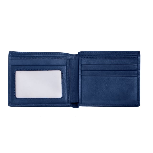 Length: 94mm; Width: 113mm; Height: 17mm; Material: Genuine Leather; Color: Blue; Pockets: 2; Card Holders: 4; ID Window: Yes; Bi-Fold: Yes; RFID Blocking: Yes